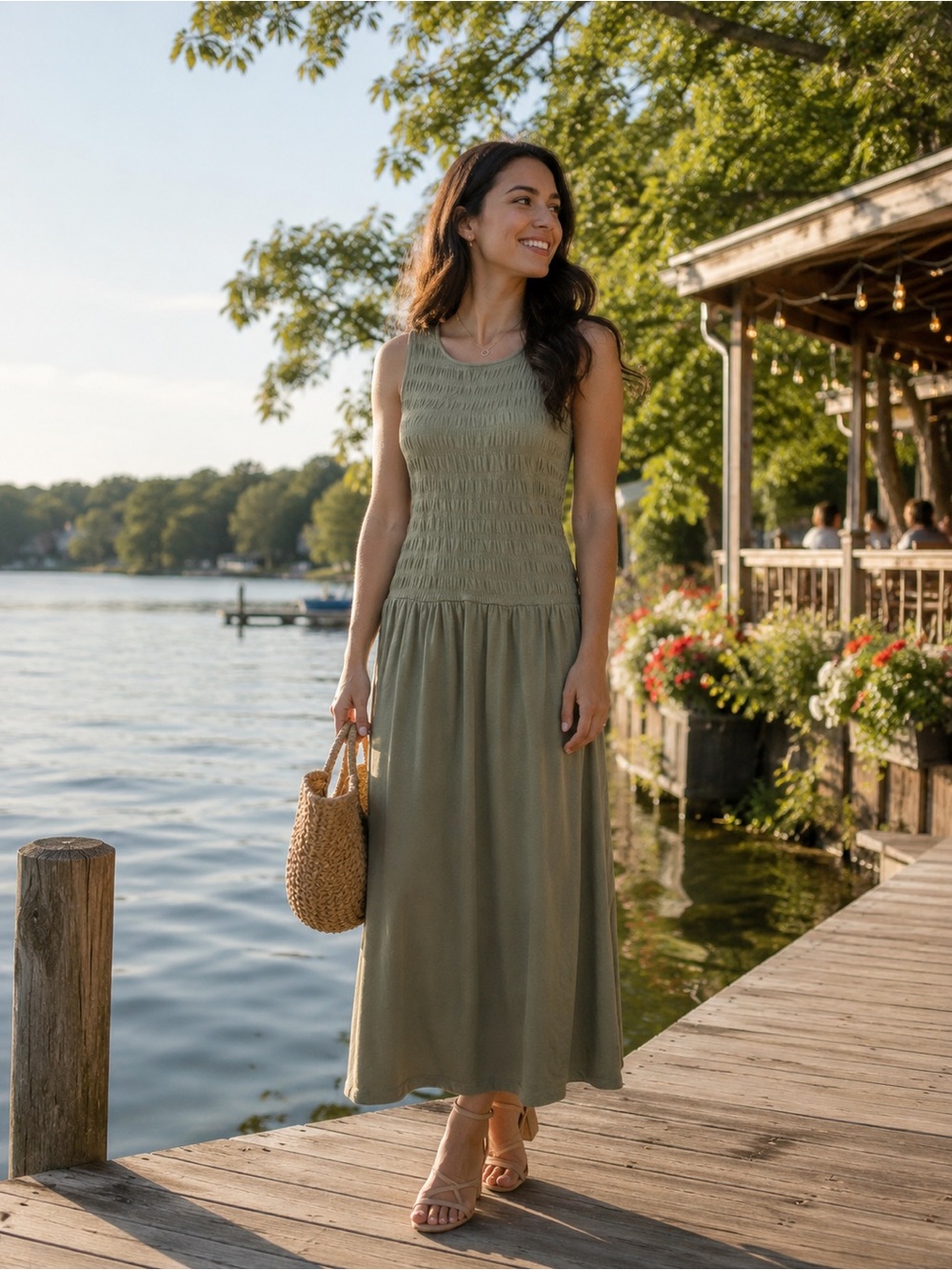 American Threads Olive Smocked Tank Maxi Dress